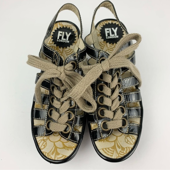 Fly London Yito Patent Black Leather Lace Up Wedge Sandals 36 - Picture 4 of 13